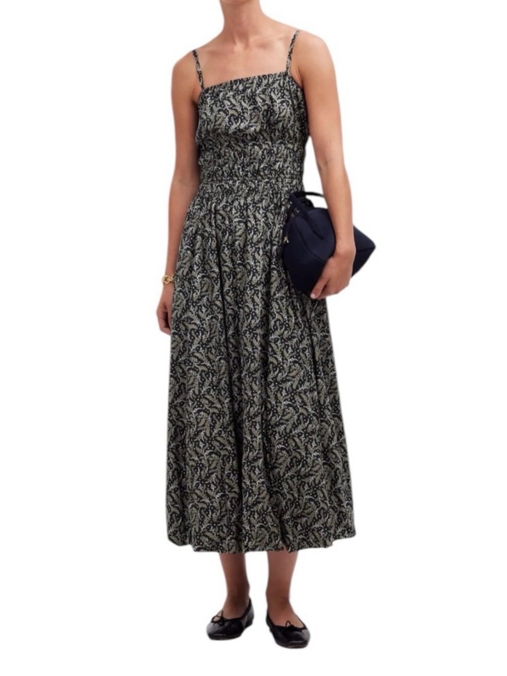 Madewell—Sleeveless Black and White Midi Dress with Smocked Waist and Pockets